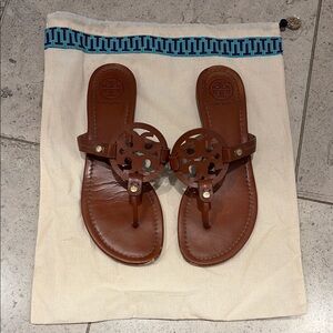 Tory Burch Brown Leather Logo Thong Sandals